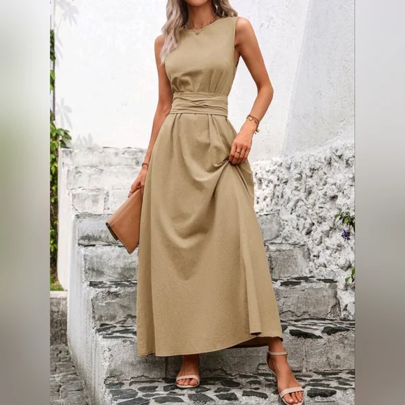 New Textured Cotton High Neck Wrap Tie Waist Maxi Dress Tan Camel Beige - Picture 3 of 9